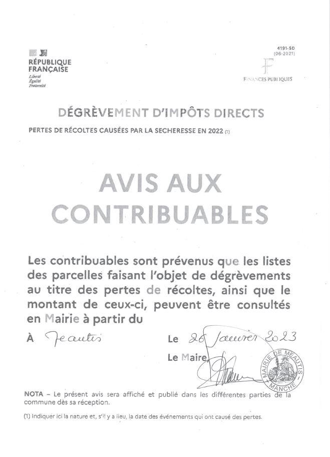 Avis degrevement pertes recoltes